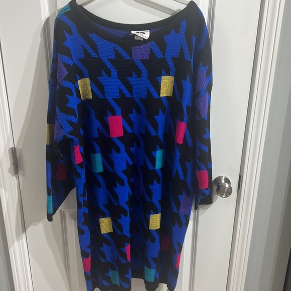 Vintage 80s Plus Size Houndstooth Geometric Funky Acrylic Dress Blue Yellow Pink - Picture 5 of 10